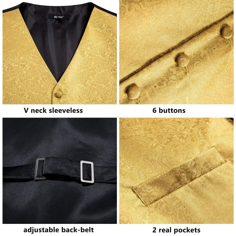 Hi-Tie Gold Paisley Suit Vests for Mens Tie Silk Vest Set Jacquard Formal Dress Waistcoat for Tuxedo Wedding Party Business - Image 4